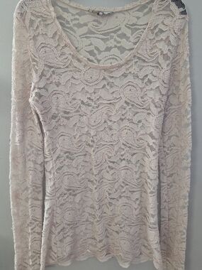BKE Women's Medium Off-White Long Sleeve Lace Stretchy Top